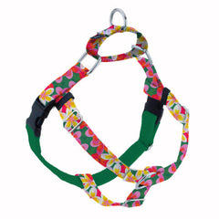 Tropical plumeria floral in pink, yellow, and green no-pull freedom dog harness with double leash attachment points by 2 Hounds Design