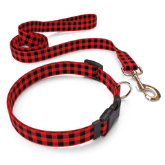 Matching Buffalo Plaid Red Dog Collar and Leash
