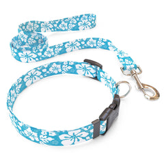 Matching Island Floral Blue Dog Collar and Leash