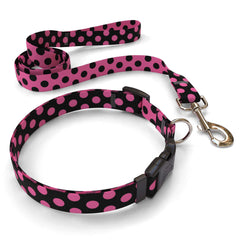 Matching Pink and Black Polka Dot Dog Collar and Leash