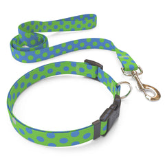 Matching Green and Blue Polka Dot Dog Collar and Leash