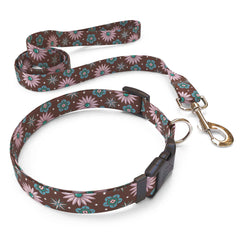 Matching Pink and Teal Flowers Dog Collar and Leash