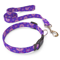 Matching Purple Flowers Dog Collar and Leash