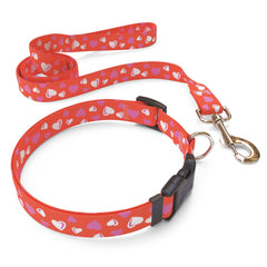 Matching Red Hearts Dog Collar and Leash