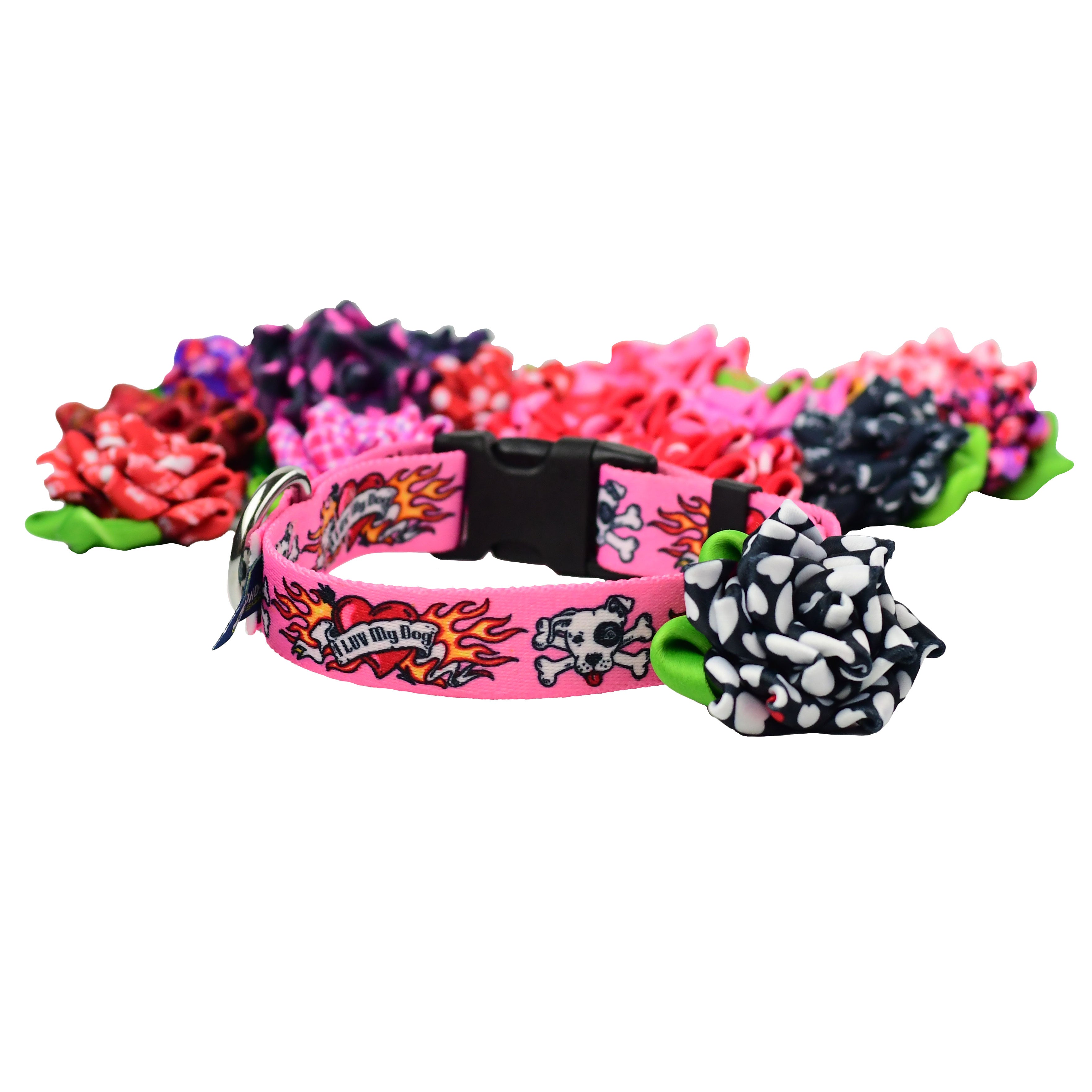 Collar Flower - Black with White Hearts