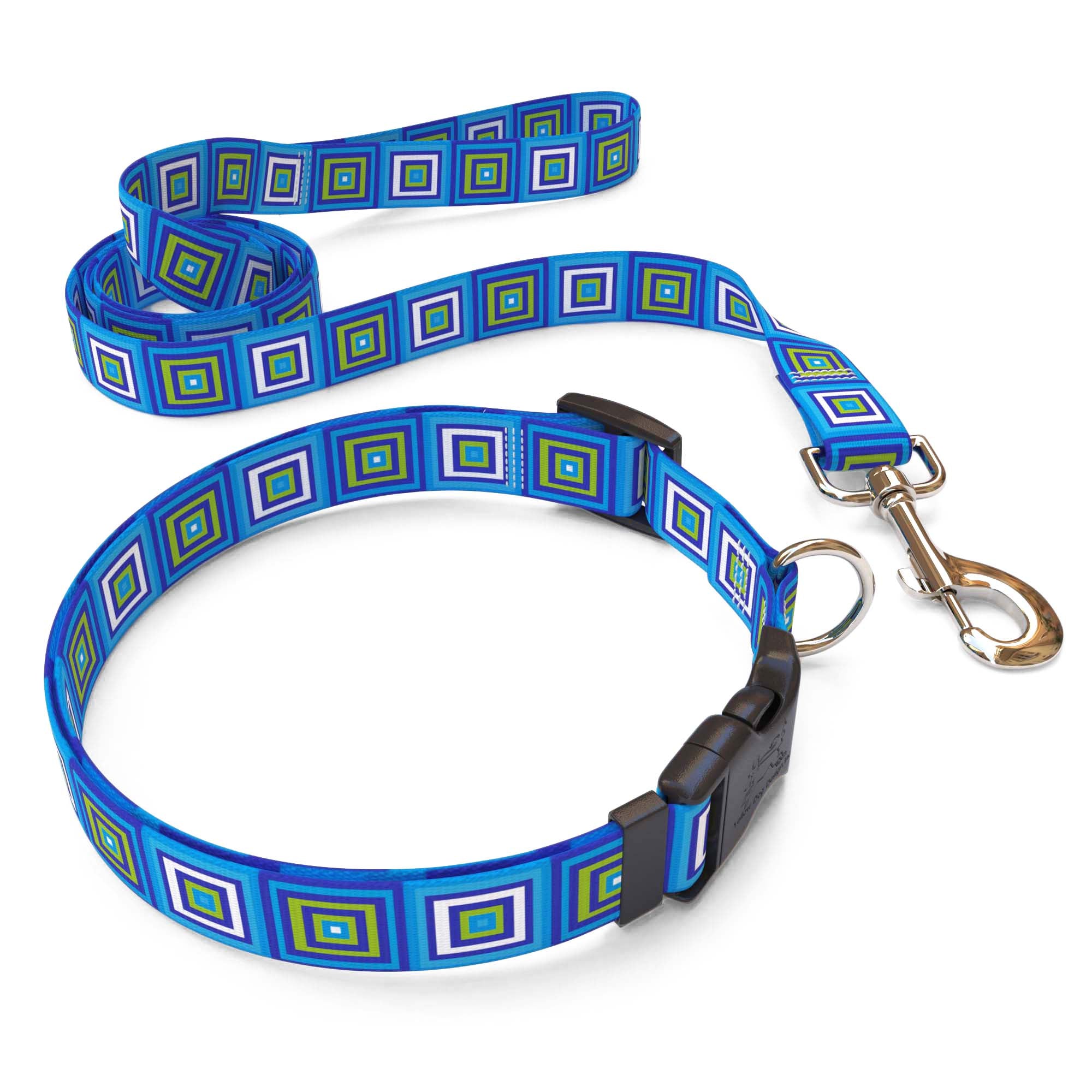 Matching Blue Blocks Dog Collar and Leash