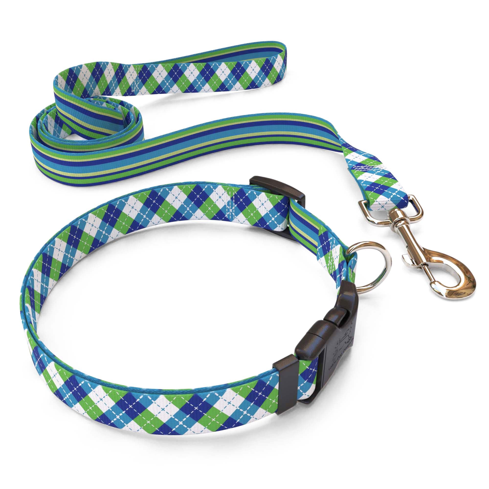 Matching Blue and Green Argyle Dog Collar and Leash