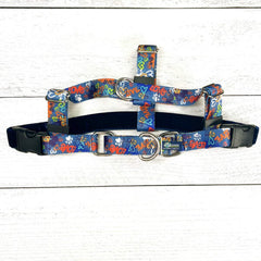Colorful "Love" graffiti-style dog leash on blue freedom no-pull dog harness with velvet-lined straps and secure metal rings - EarthStyle