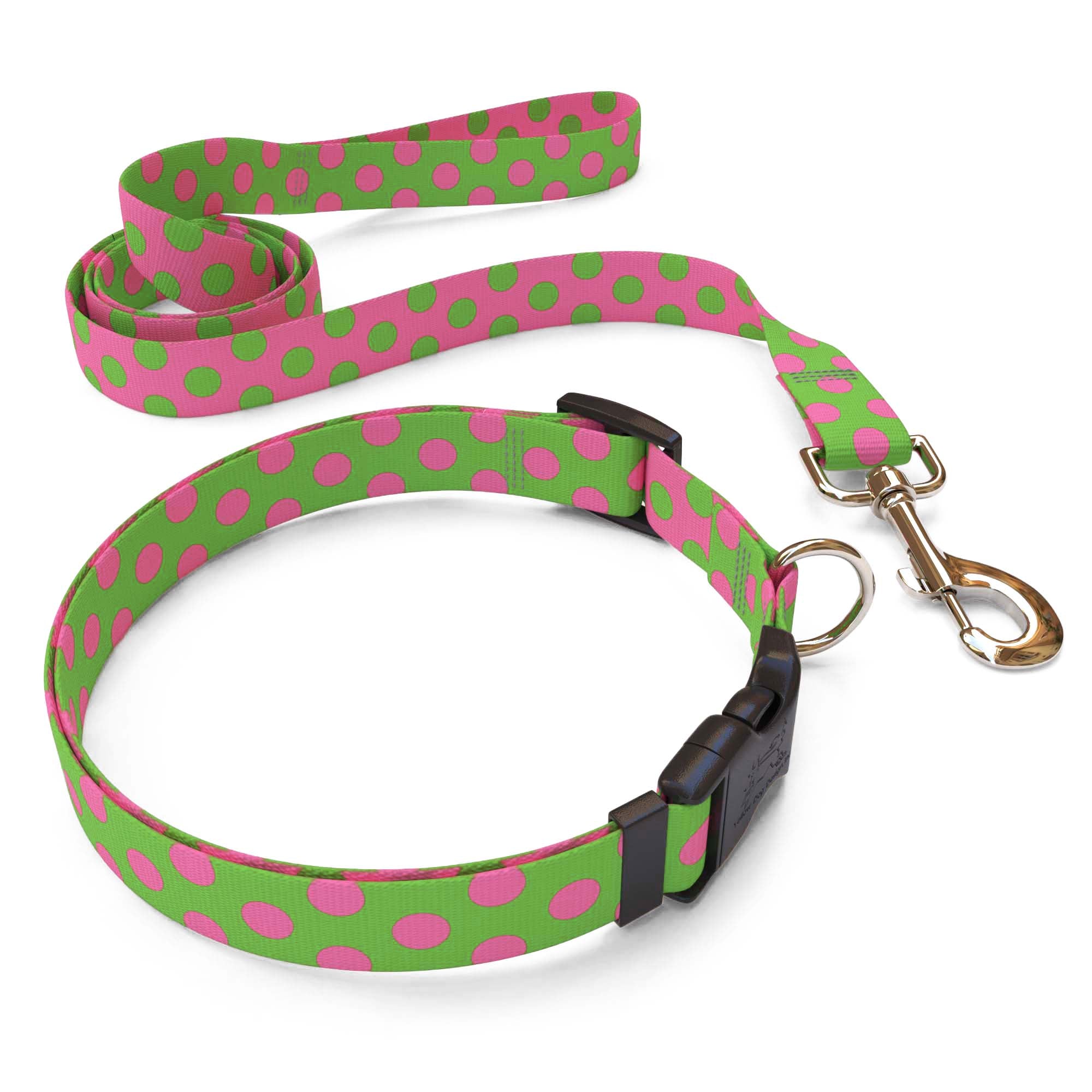 Matching Pink and Green Polka Dot Dog Collar and Leash