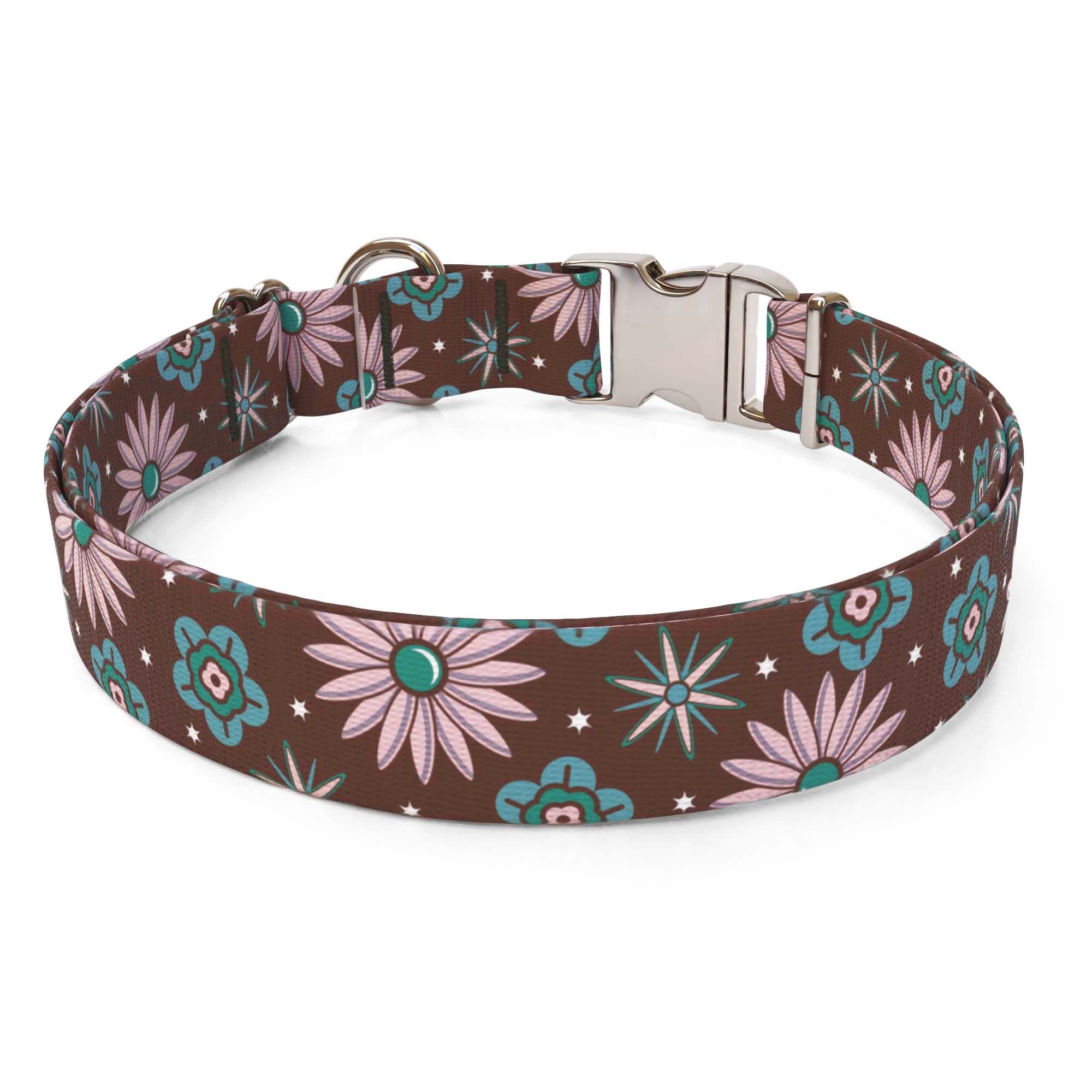 Pink and Teal Flowers Dog Collar