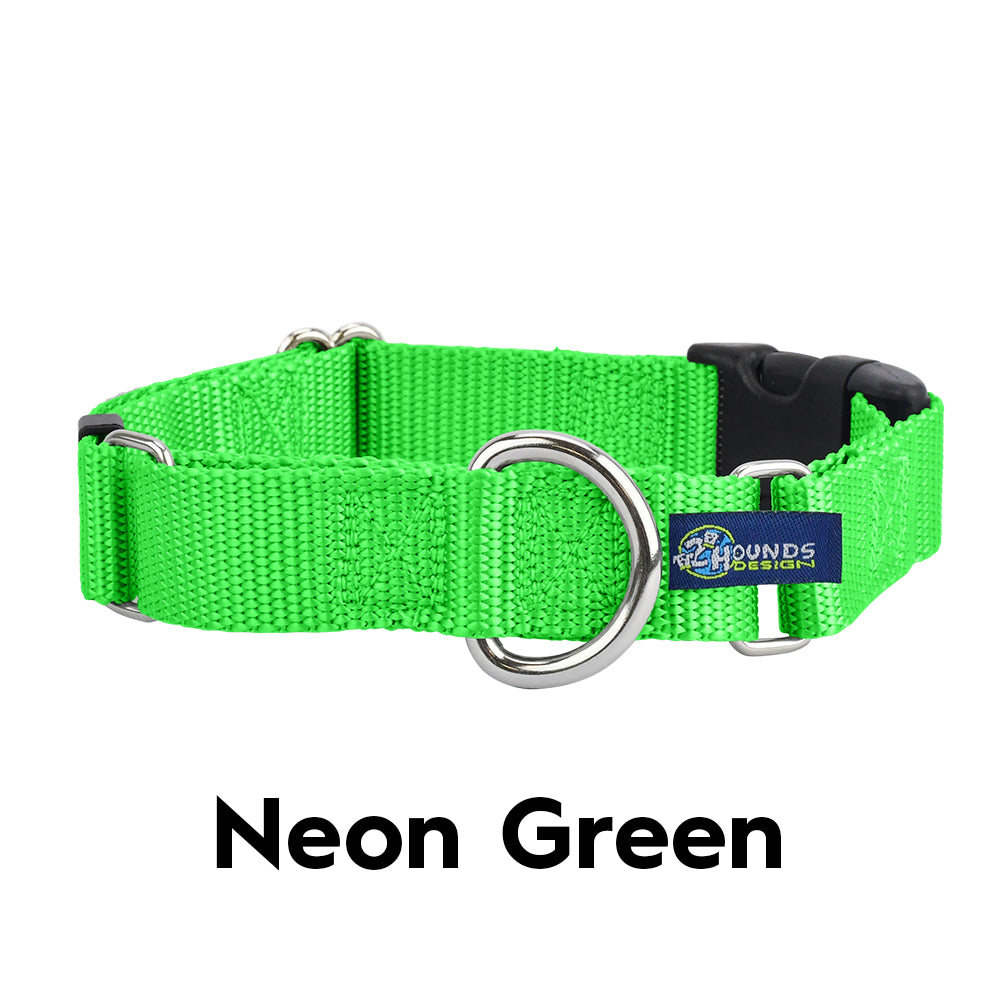 5/8" and 1" Neon Green Nylon Buckle Martingale Dog Collar