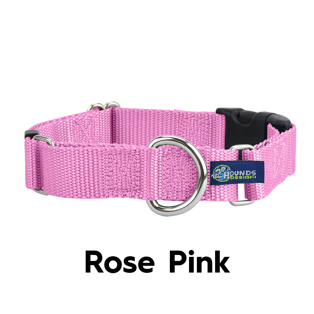 5/8" and 1" Rose Pink Nylon Buckle Martingale Dog Collar